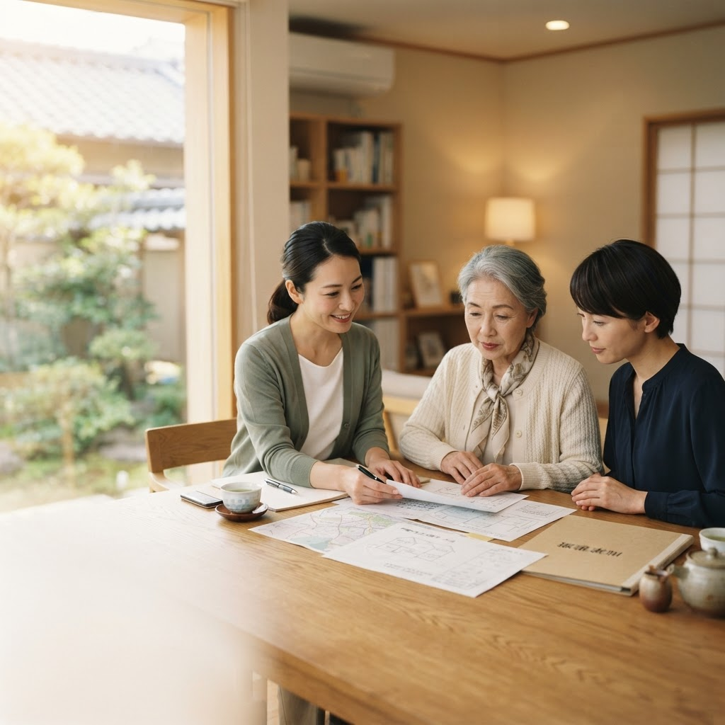 家族と相談員が住まいについて話している様子